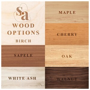 May include: A wooden surface sample image with the text "WOOD OPTIONS" and the brand logo. The image displays various wood types, including Birch, Maple, Cherry, Oak, Walnut, White Ash, and Sapele, each labeled with its name.