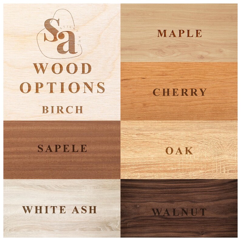 May include: A wooden surface sample image with the text "WOOD OPTIONS" and the brand logo. The image displays various wood types, including Birch, Maple, Cherry, Oak, Walnut, White Ash, and Sapele, each labeled with its name.