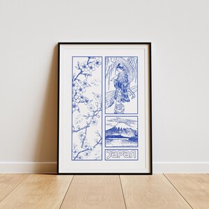 Tokyo blue - graphic design poster, elegant japanese style print, bedroom print, cherry blossom, minimalist wall decor, fine line poster image 1