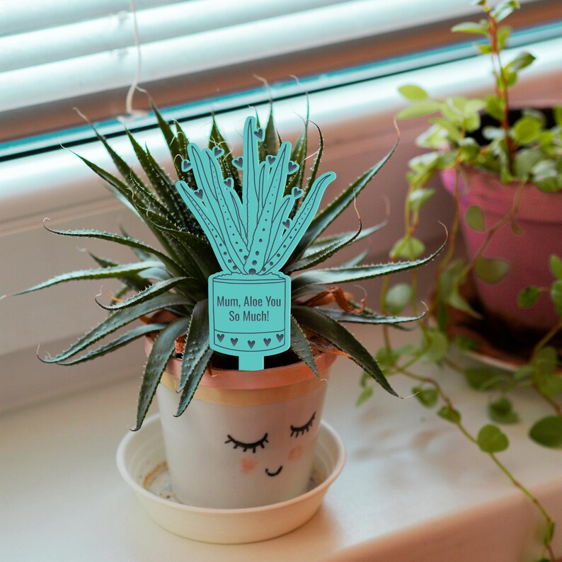 Op de afbeelding: Een lichtblauwe plantensteun met een cartoon alo&euml;plant en de tekst "Mum, Aloe You So Much!" De steun staat in een witte pot met een roze rand en een schattig gezicht. De pot staat op een witte schotel.