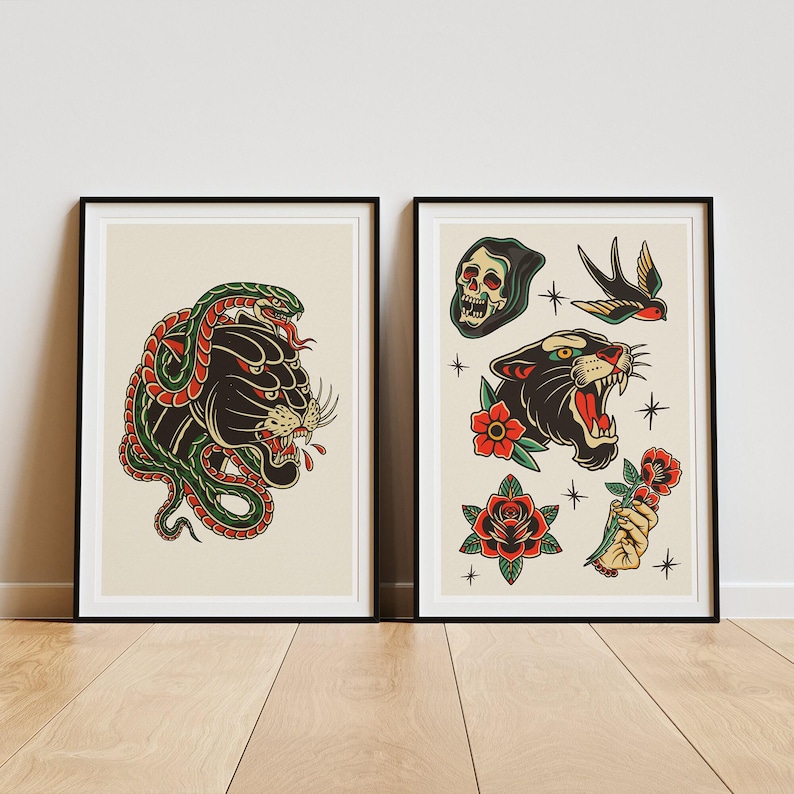 Traditional Tattoo Print - poster: Tattoo Style Sheet Art Posters | Vintage Designs | Classic Ink Wall Decor | Alternative Home Decor image 2