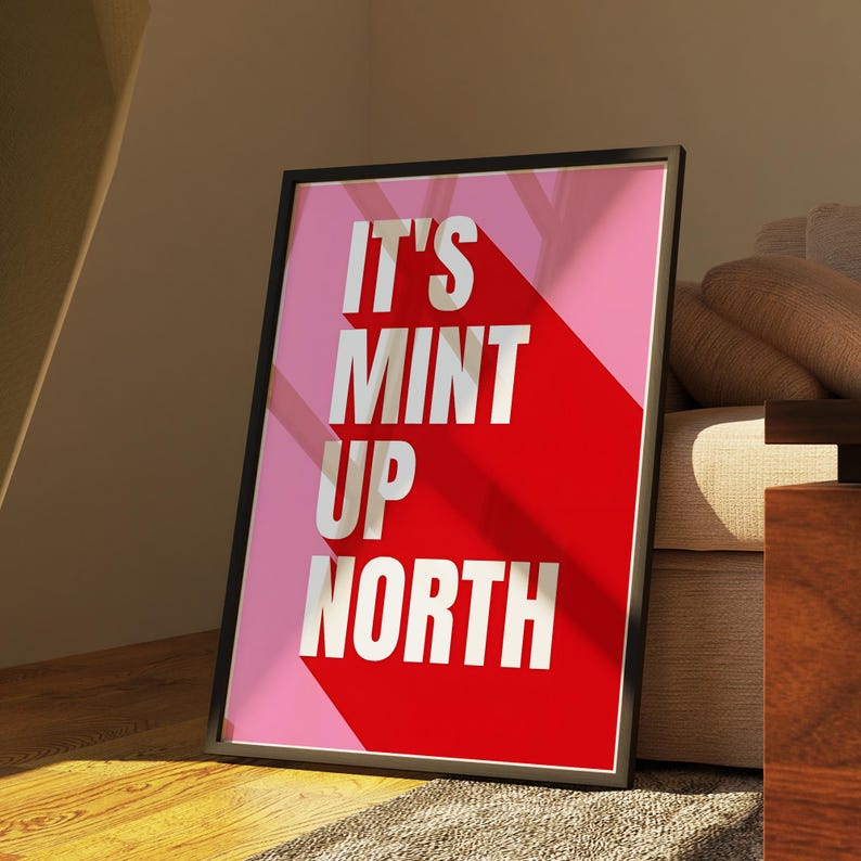 May include: Framed art print with the text "IT'S MINT UP NORTH" in bold white letters. The background is divided diagonally, with a pink upper section and a red lower section. The frame is black.