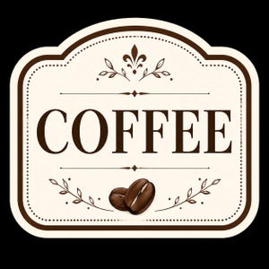 May include: A rectangular label with rounded corners featuring a cream-colored background and a dark brown border. The word COFFEE is printed in large, dark brown serif letters in the center, flanked by decorative brown leaf motifs and lines.