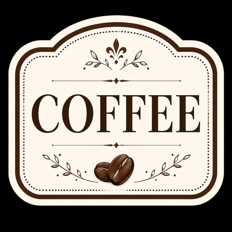 May include: A rectangular label with rounded corners featuring a cream-colored background and a dark brown border. The word COFFEE is printed in large, dark brown serif letters in the center, flanked by decorative brown leaf motifs and lines.