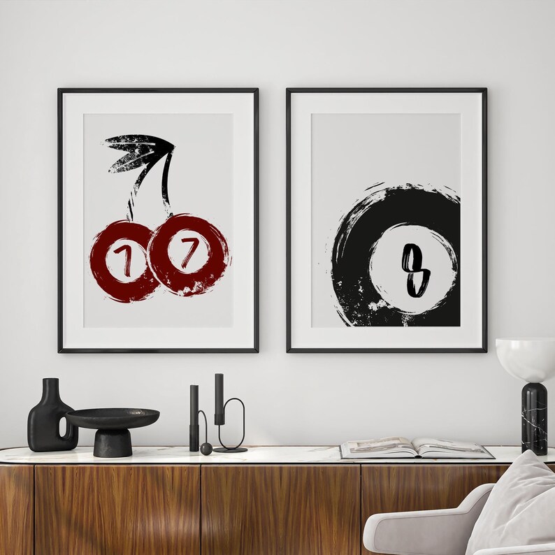 8 ball - pool print: retro billiards decor, vintage style pool poster, black & white home decor, game room wall art, mid century modern art image 2
