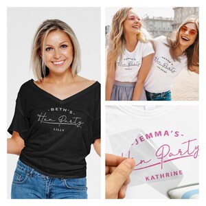 May include: Three white t-shirts with black text that says "Sarah's Hen Party" and the names "Kelsey", "The Bride", and "Lilly". One black t-shirt with white text that says "Beth's Hen Party" and the name "Lilly".