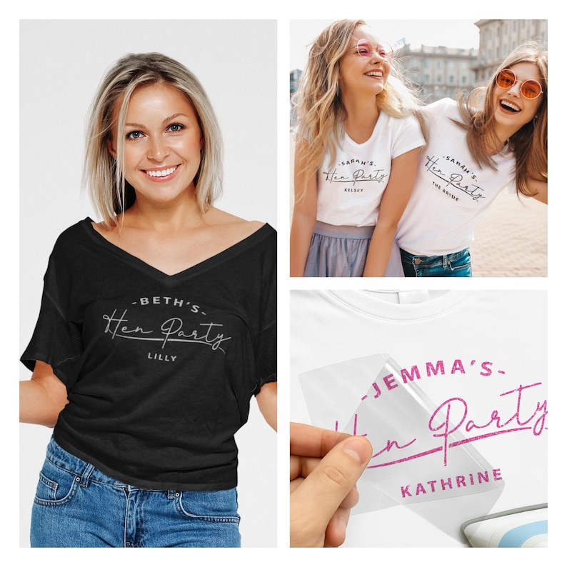 May include: Three white t-shirts with black text that says "Sarah's Hen Party" and the names "Kelsey", "The Bride", and "Lilly". One black t-shirt with white text that says "Beth's Hen Party" and the name "Lilly".
