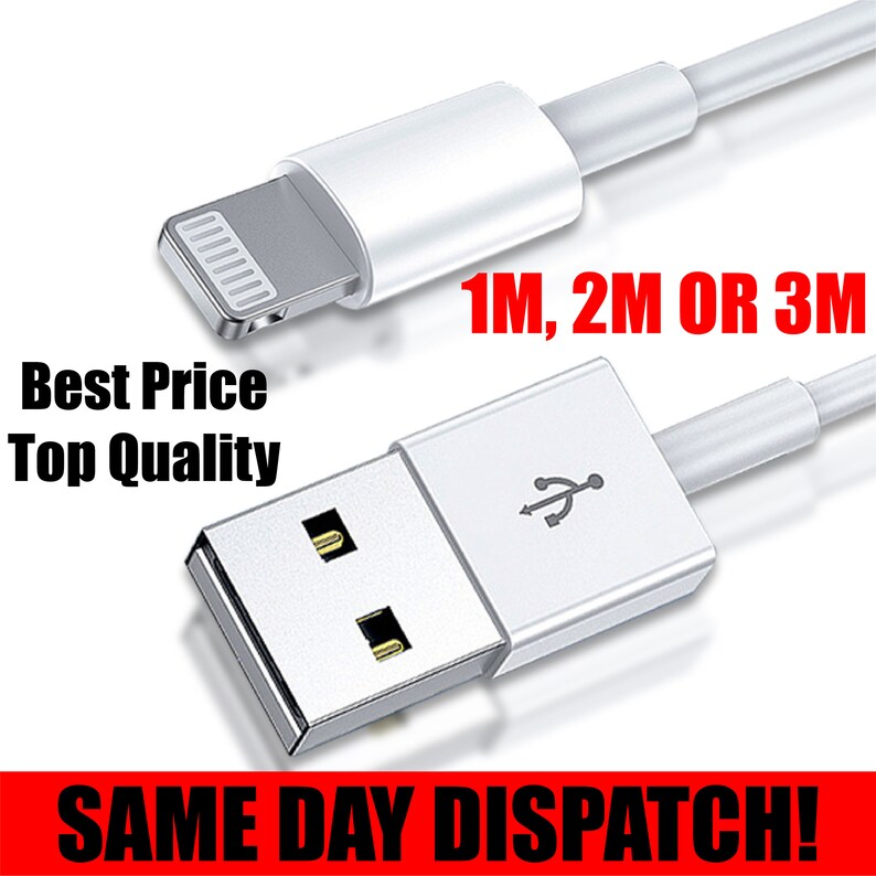 Op de afbeelding: Witte iPhone-oplaadkabel met een USB-A-connector aan het ene uiteinde en een Lightning-connector aan het andere. De kabel is verkrijgbaar in lengtes van 1 m, 2 m of 3 m. De tekst "Best Price Top Quality" en "SAME DAY DISPATCH!" is zichtbaar in de afbeelding.