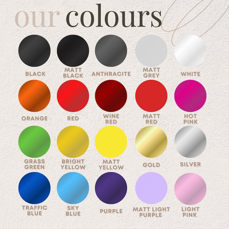 May include: A chart showing 18 different color swatches with their names. The colors include black, white, orange, red, wine red, grass green, bright yellow, matt yellow, gold, silver, traffic blue, sky blue, purple, matt light purple, and light pink.