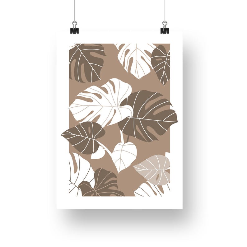 May include: A digital print featuring a pattern of brown and white monstera leaves on a light brown background.