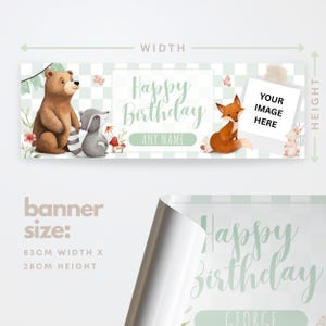 May include: A birthday banner with a woodland theme, featuring a bear, fox, raccoon, and rabbit. The banner has a light green and white checkered background and includes the text "Happy Birthday" and space for a name. The banner is 83cm wide and 28cm high.