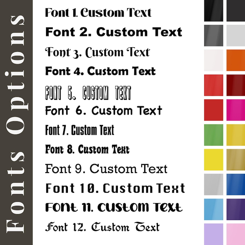 Puede incluir: Un gr&aacute;fico que muestra 12 estilos de fuente diferentes con el texto "Custom Text" en cada estilo. Las fuentes est&aacute;n numeradas del 1 al 12.