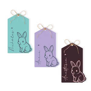 May include: Three gift tags with bunny illustrations. The tags are teal, purple, and brown. The names "Nicholas", "Annie", and "Anastasia" are written on the tags.