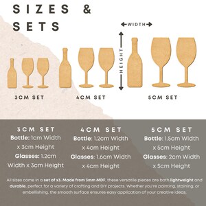 Puede incluir: Tres juegos de formas de botella de vino y copa de vino de madera en tres tama&ntilde;os: 3 cm, 4 cm y 5 cm. Cada juego incluye tres piezas. Las formas est&aacute;n hechas de MDF de 3 mm y son ligeras y duraderas.