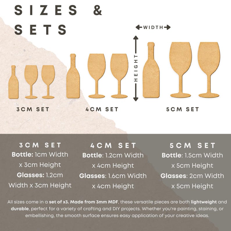Puede incluir: Tres juegos de formas de botella de vino y copa de vino de madera en tres tama&ntilde;os: 3 cm, 4 cm y 5 cm. Cada juego incluye tres piezas. Las formas est&aacute;n hechas de MDF de 3 mm y son ligeras y duraderas.