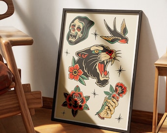Traditional Tattoo Print -   poster: Tattoo Style Sheet Art Posters | Vintage Designs | Classic Ink Wall Decor | Alternative Home Decor