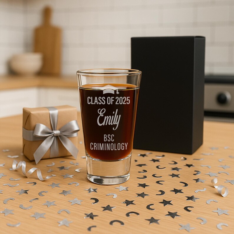 May include: A clear shot glass filled with a dark liquid, featuring the text "CLASS OF 2025 Emily BSC CRIMINOLOGY." A small gift box with a silver ribbon and a black box are also present. The table is decorated with silver star and moon confetti.