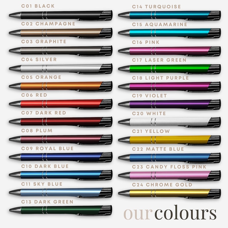Puede incluir: Un gr&aacute;fico que muestra 24 bol&iacute;grafos de diferentes colores con sus c&oacute;digos de color y nombres correspondientes. Los bol&iacute;grafos est&aacute;n dispuestos en dos columnas, con los c&oacute;digos de color a la izquierda y los nombres de los colores a la derecha. Los colores incluyen negro, champ&aacute;n, grafito, plata, naranja, rojo, rojo oscuro, ciruela, azul real, azul oscuro, azul cielo, verde oscuro, turquesa, aguamarina, rosa, verde l&aacute;ser, morado claro, violeta, blanco, amarillo, azul mate, rosa de algod&oacute;n de az&uacute;car y oro cromado.