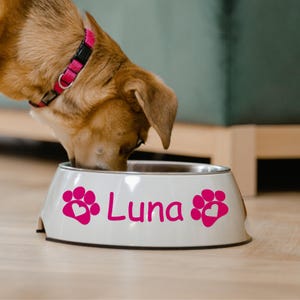Puede incluir: Taz&oacute;n blanco para perro con huellas de patas rosas y un dise&ntilde;o de coraz&oacute;n. El taz&oacute;n dice "Luna" en letras rosas. Un perro marr&oacute;n est&aacute; comiendo del taz&oacute;n.