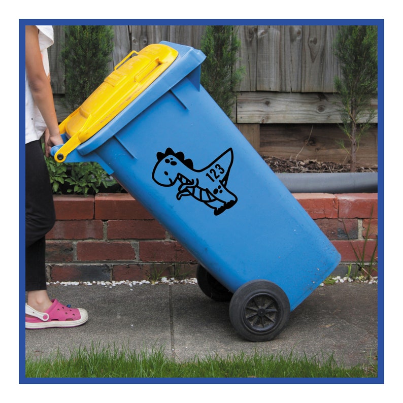 Custom House Number Wheelie Bin Stickers: Cartoon Dinosaur Bin Stickers, Personalised Dinosaur Decal For Bin, Home Improvement, Number Label image 3