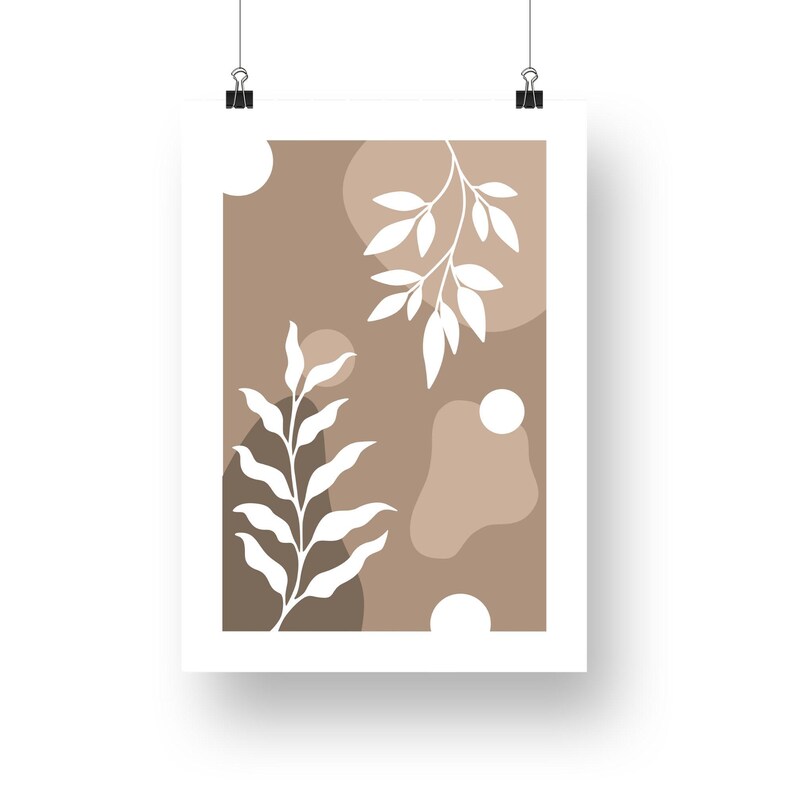 May include: Abstract art print with white stylized leaves on a brown background with abstract shapes.