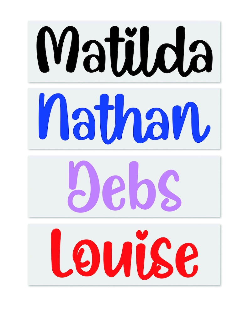 May include: Four rectangular labels with names in colorful, cursive fonts. The names are Matilda (black), Nathan (blue), Debs (purple), and Louise (red). Each name is centered on a white background.