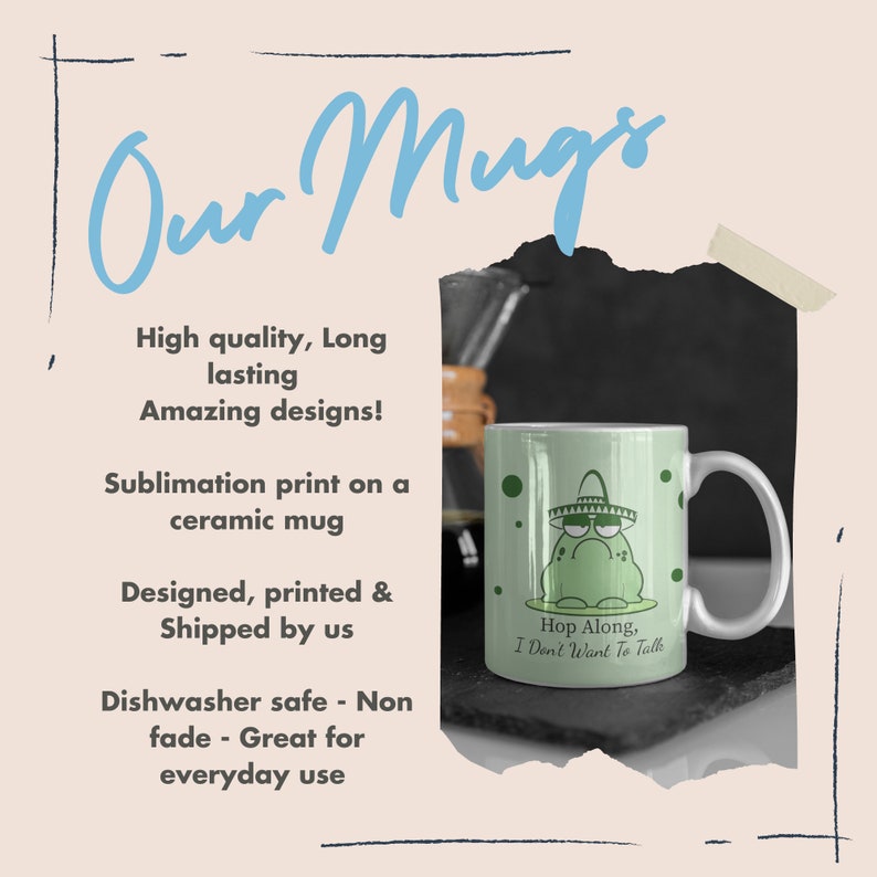 K&ouml;nnte beinhalten: Eine gr&uuml;ne Keramiktasse mit einem wei&szlig;en Henkel. Die Tasse zeigt eine Comic-Froschfigur mit einem Sombrero und dem Text "Hop Along, I Don't Want To Talk".