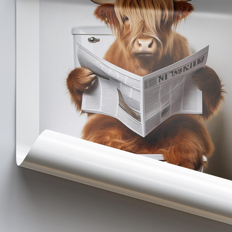 Puede incluir: Imagen humor&iacute;stica de una vaca de las Tierras Altas sentada en un inodoro, leyendo un peri&oacute;dico. La vaca tiene un pelaje largo y lanudo de color marr&oacute;n rojizo y sostiene el peri&oacute;dico con ambas pezu&ntilde;as delanteras. El titular del peri&oacute;dico es visible.