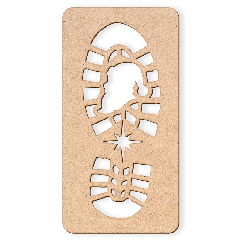 May include: A rectangular wooden stencil featuring a boot print design. The boot print includes a Santa Claus silhouette and a star. The stencil is made of light brown wood and is designed for holiday-themed crafts.