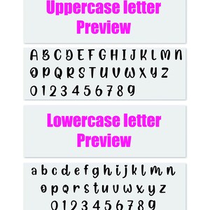 May include: A preview of uppercase and lowercase letters and numbers in a black font. The text "Uppercase letter Preview" and "Lowercase letter Preview" are in a bright pink font. The letters and numbers are displayed on a white background.