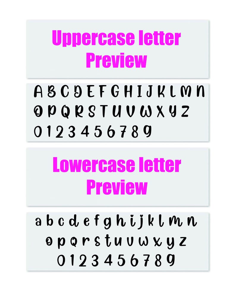 May include: A preview of uppercase and lowercase letters and numbers in a black font. The text "Uppercase letter Preview" and "Lowercase letter Preview" are in a bright pink font. The letters and numbers are displayed on a white background.
