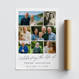 May include: A poster with nine framed photographs of a person and their family. The poster is titled "Celebrating the life of Frank Davidson" with the dates 02.12.1929 - 27.10.2024. A rolled-up poster is on the right.
