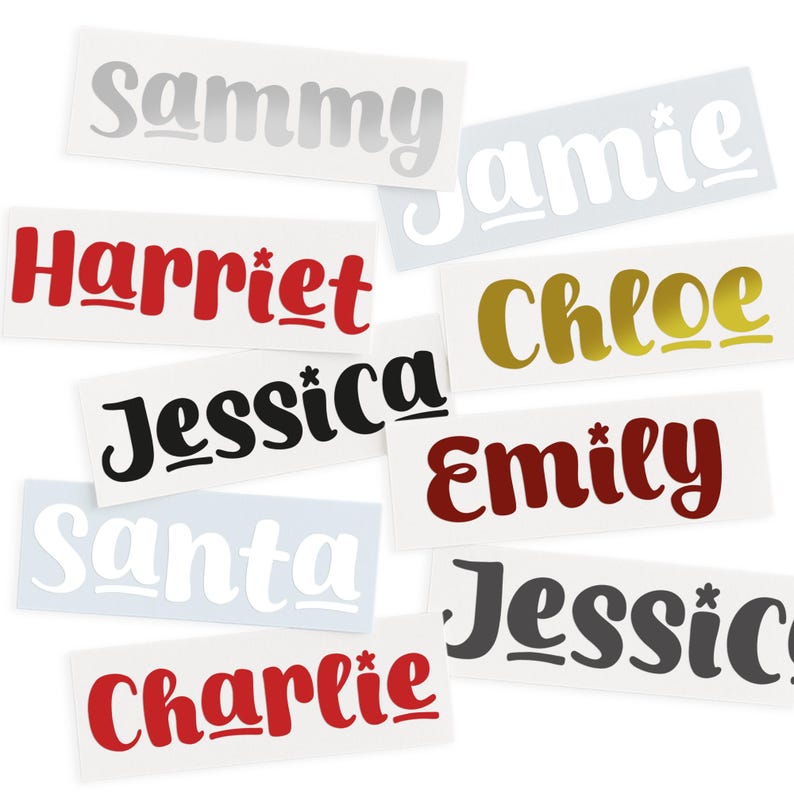 May include: A collection of name decals in various colors and fonts. Names include "Sammy", "Jamie", "Harriet", "Chloe", "Jessica", "Emily", "Santa", "Jessica", and "Charlie". The decals are on white rectangular backgrounds.