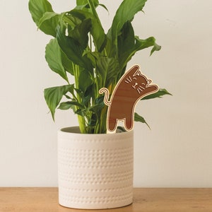 May include: A white ceramic planter with a textured surface, filled with a green peace lily plant. A brown wooden cat cutout is placed in the planter.