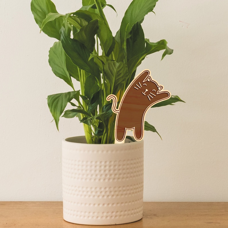 May include: A white ceramic planter with a textured surface, filled with a green peace lily plant. A brown wooden cat cutout is placed in the planter.