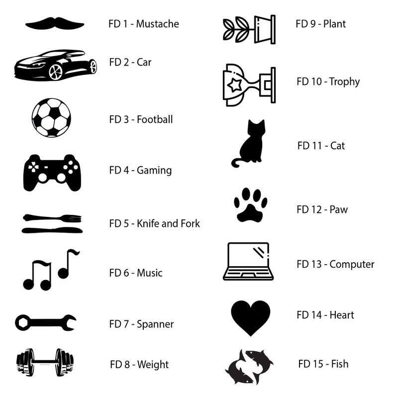 May include: Black and white icons representing various objects, such as a mustache, car, football, gaming controller, knife and fork, music notes, wrench, dumbbell, plant, trophy, cat, paw print, computer, heart, and fish. Each icon is labeled with a number and a short description.
