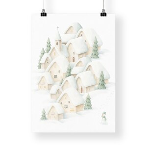 May include: A watercolour illustration depicts a snow-covered village with houses, a church, and evergreen trees. The rooftops are covered in snow, and the windows glow with warm light. A small snowman stands in the foreground.