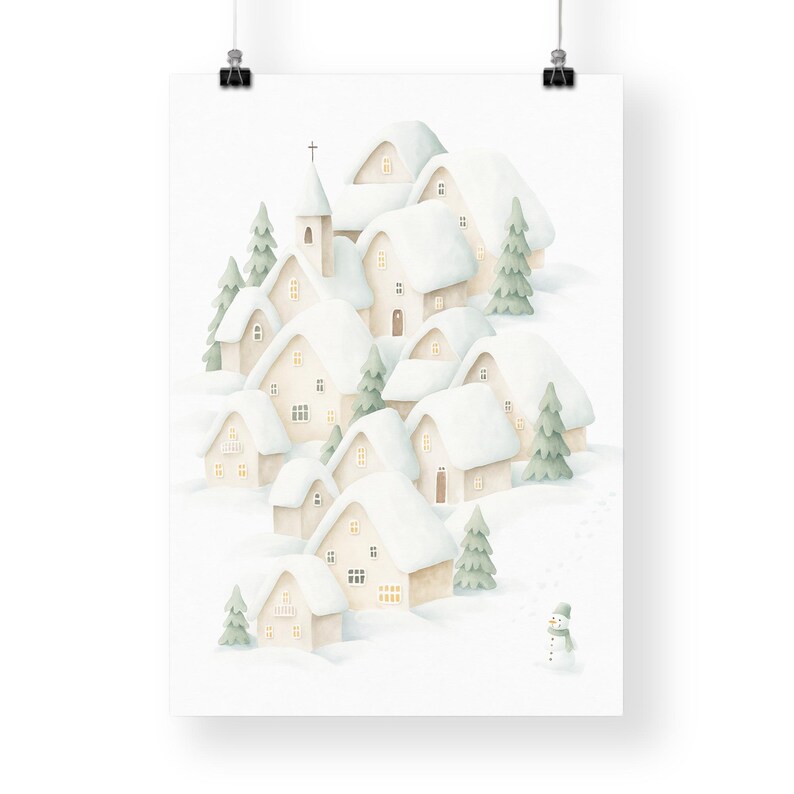 May include: A watercolour illustration depicts a snow-covered village with houses, a church, and evergreen trees. The rooftops are covered in snow, and the windows glow with warm light. A small snowman stands in the foreground.