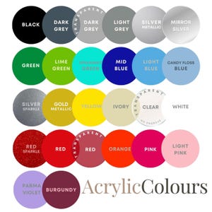 Peut inclure: Un nuancier pr&eacute;sentant une vari&eacute;t&eacute; de couleurs acryliques. Le nuancier comprend des nuances de noir, gris, vert, bleu, argent, or, jaune, rouge, orange, rose, violet et blanc. Le texte "Acrylic Colours" est en bas.