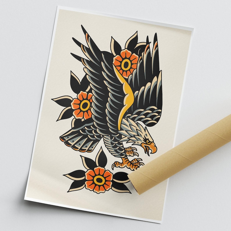 Tatuaje tradicional - Póster de águila: Lámina de arte para tatuajes / Diseño vintage / Lámina de arte mural con tinta clásica / Decoración alternativa para el hogar imagen 3