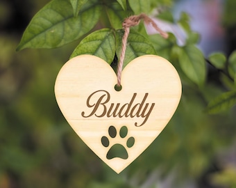 Personalised Engraved Wood Pet Name Heart Shaped Sign Ornament, Dog / Cat Name, Paw Print Plaque Pet Owner Gift, For Dog Or Cat