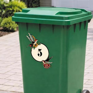 Traditional Tattoo Swallow Bin Sticker | Personalised House Number Wheelie Bin Decal | Old School Bird & Rose Waterproof Vinyl Sticker 画像 6