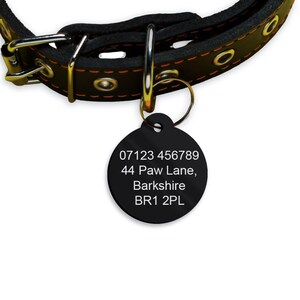 May include: Black round dog tag with white text. The text reads: 07123 456789, 44 Paw Lane, Berkshire, BR1 2PL.