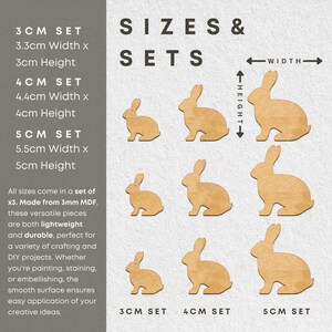 May include: Three sets of wooden rabbit shapes in three sizes: 3 cm, 4 cm, and 5 cm. Each set includes three rabbits. The rabbits are made of 3 mm MDF and are lightweight and durable. The image includes text describing the sizes and sets of the rabbits.