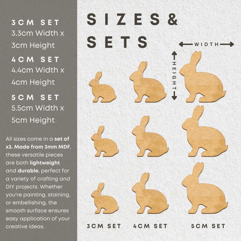 May include: Three sets of wooden rabbit shapes in three sizes: 3 cm, 4 cm, and 5 cm. Each set includes three rabbits. The rabbits are made of 3 mm MDF and are lightweight and durable. The image includes text describing the sizes and sets of the rabbits.