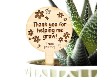 Thank You For Helping Me Grow Succulent Tag - Cute Thoughtful Plant Gift For Teacher Small Present With Personalised Name