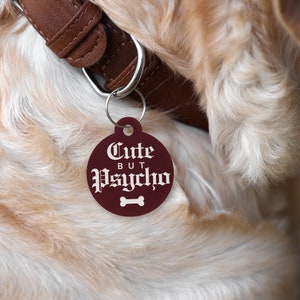 Funny pet tag, custom dog tag, personalized pet ID, colored metal dog tag, humorous pet accessory, pet identification tag, durable pet tag, engraved pet tag, custom pet name tag, funny dog accessory