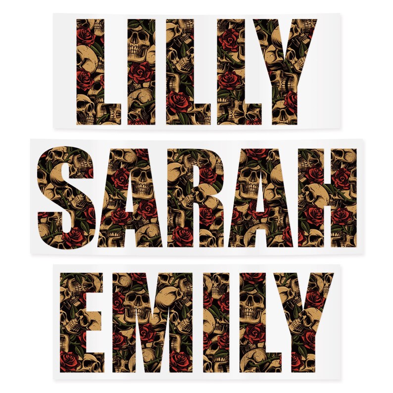 May include: Three rectangular stickers with the names "LILLY", "SARAH", and "EMILY". Each name is filled with a pattern of skulls and red roses. The stickers have a white background.