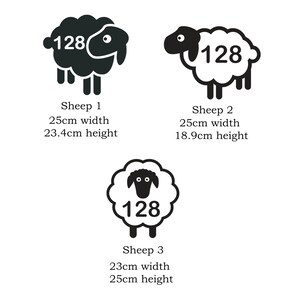 May include: Three black and white sheep silhouettes with the number 128 printed on each. The sheep are different sizes and have different dimensions. The first sheep is 25 cm wide and 23.4 cm high. The second sheep is 25 cm wide and 18.9 cm high. The third sheep is 23 cm wide and 25 cm high.