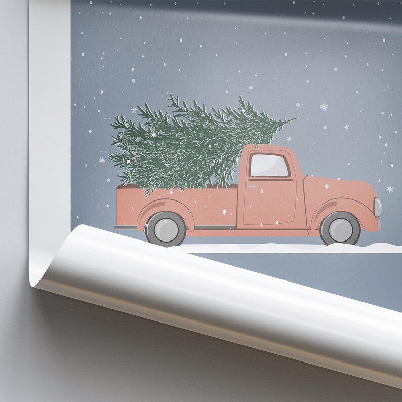 May include: A red vintage pickup truck with a green Christmas tree in the bed, driving on a snowy road. The sky is a light blue with white snowflakes.